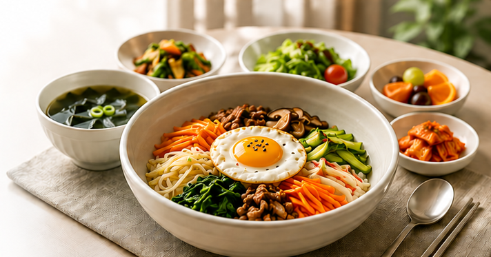 다채로운 나물과 달걀을 곁들인 비빔밥 특별식